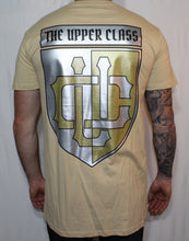 Load image into Gallery viewer, Beige tall tee with gold and silver shield print