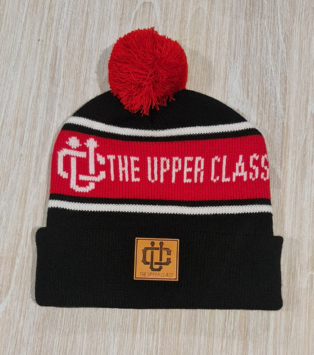 red, white and black beanie