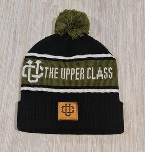 olive green, white and black beanie