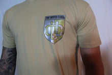 Load image into Gallery viewer, Beige tall tee with gold and silver shield print