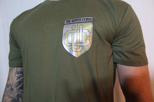 Olive green tall tee with gold and silver shield print